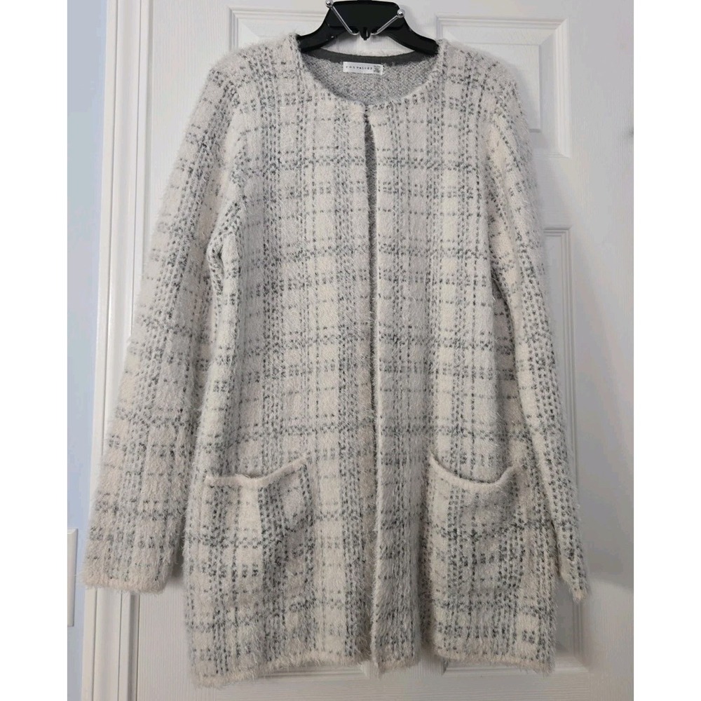 Retrology Open Cardigan Sz XL FUZZY Window Pane Pockets Longlines Soft Luxury